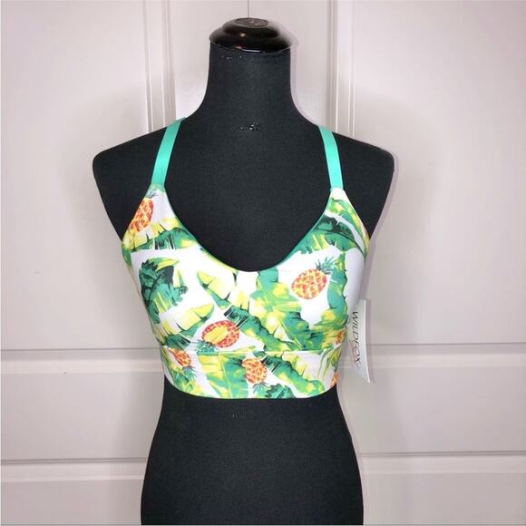 NEW WILDFOX Green White Yellow Palms & Pina Collins Tropical Print Sports Bra M - Picture 2 of 8